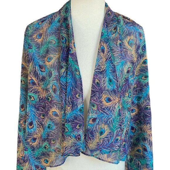 Evening Jacket Sheer Peacock Feathers Cascade Cover Up Open Cardigan Size Small - Picture 8 of 9